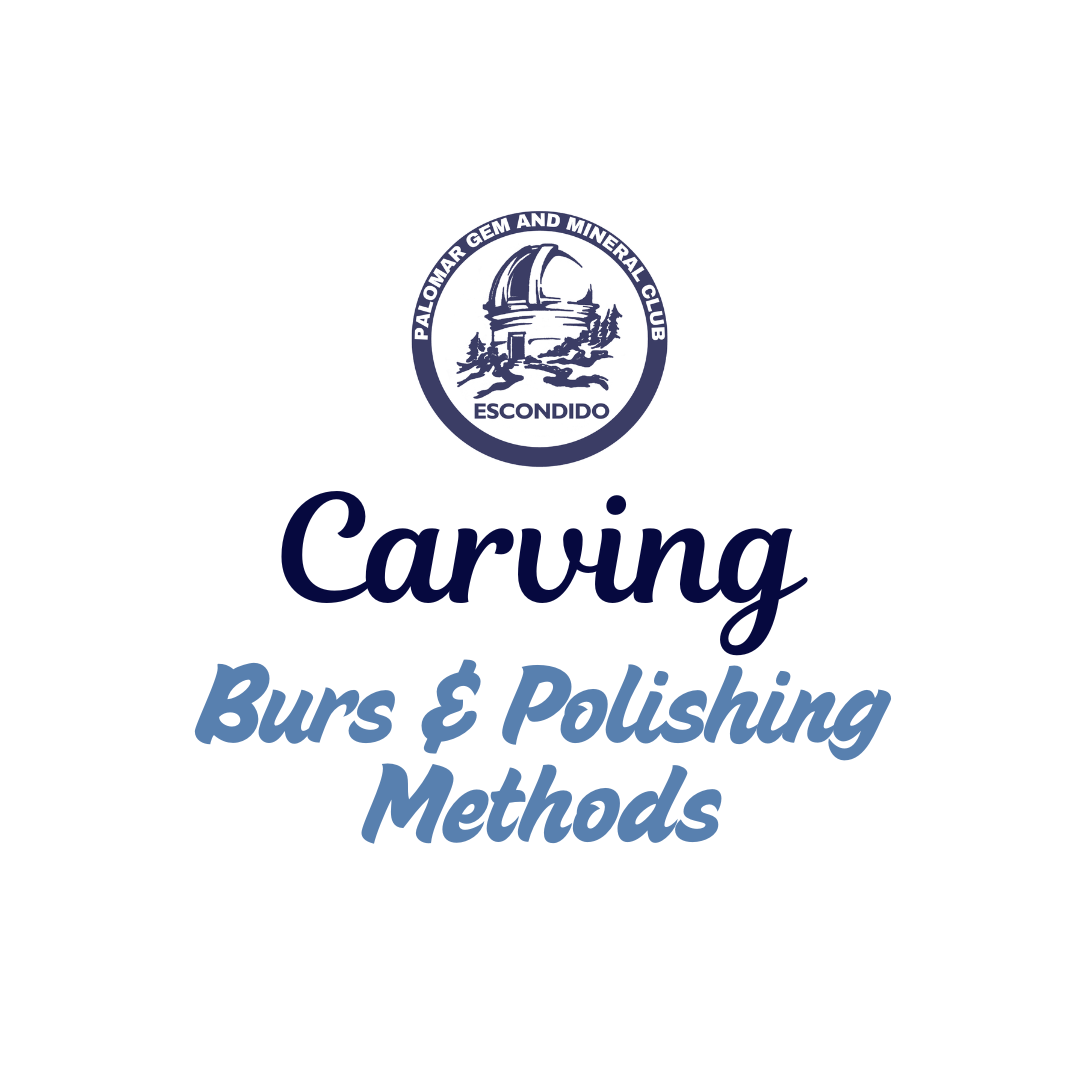 Advertisement for a gem and mineral club event on carving, burs, and polishing methods with a logo at the top.