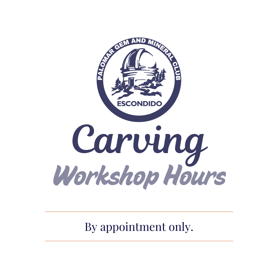 carving workshop with event details and Palomar Gem and Mineral Club logo.