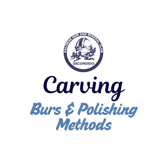 Advertisement for a gem and mineral club event on carving, burs, and polishing methods with a logo at the top.
