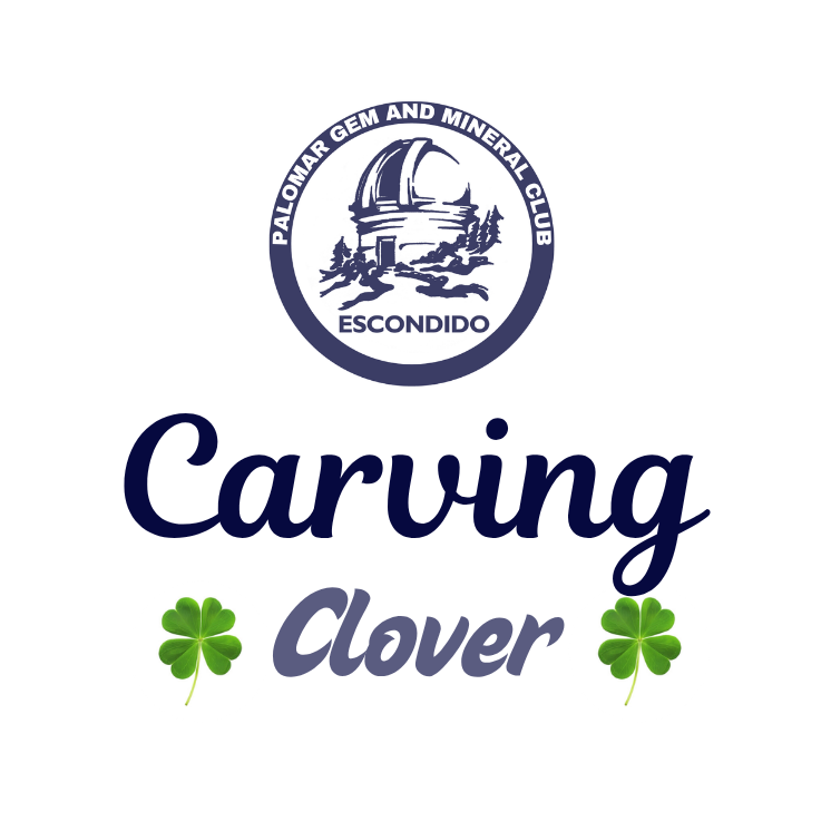 Promotional flyer for a carving event featuring a four-leaf clover, with the Palomar Gem and Mineral Club logo on a white background.