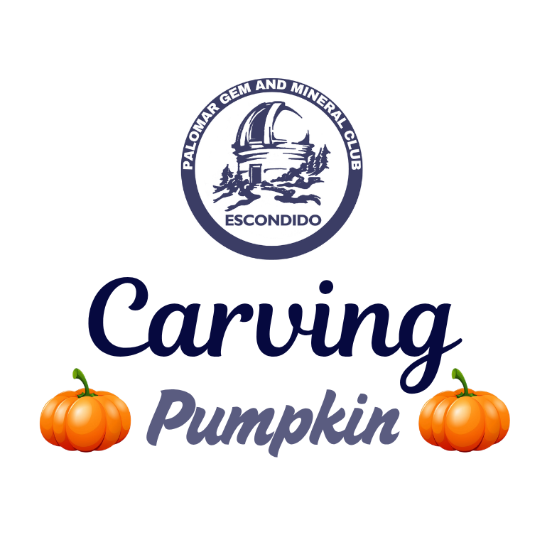 Promotional flyer for a carving event featuring a pumpkin, with the Palomar Gem and Mineral Club logo on a white background.