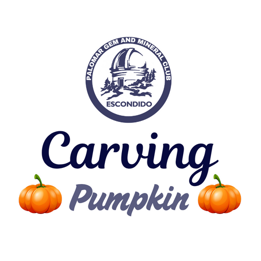 Promotional flyer for a carving event featuring a pumpkin, with the Palomar Gem and Mineral Club logo on a white background.
