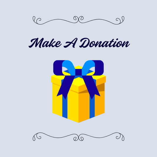 Yellow gift box with a blue ribbon on a light blue background with 'Make A Donation' text.