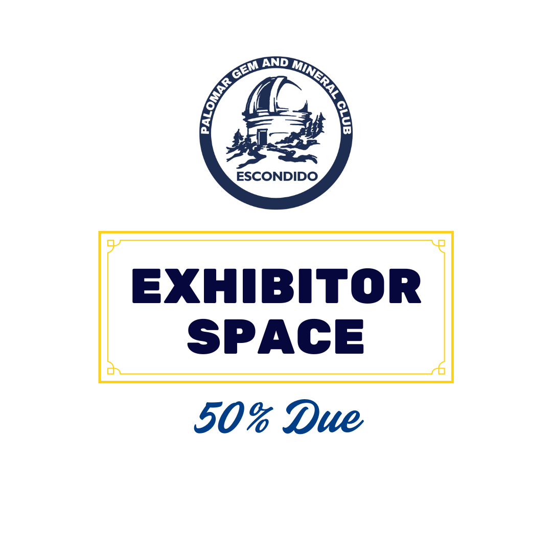 Logo of the San Diego Gem and Mineral Club Escondido with text 'Exhibitor Space 50% Due' on a white background