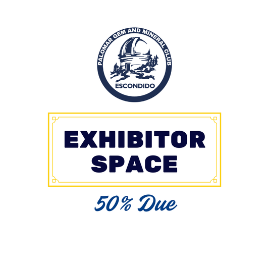 Logo of the San Diego Gem and Mineral Club Escondido with text 'Exhibitor Space 50% Due' on a white background