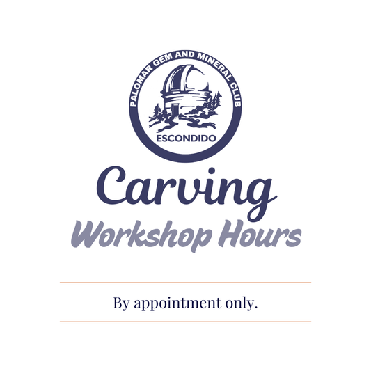 carving workshop with event details and Palomar Gem and Mineral Club logo.