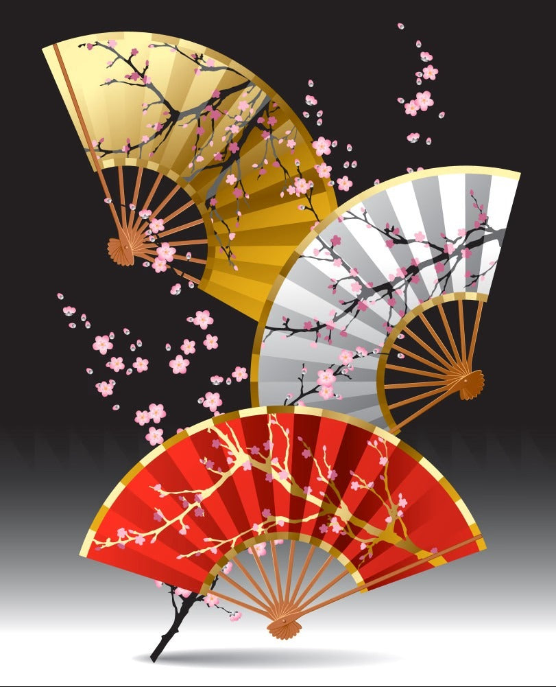 Three decorative fans with cherry blossoms on a gradient background